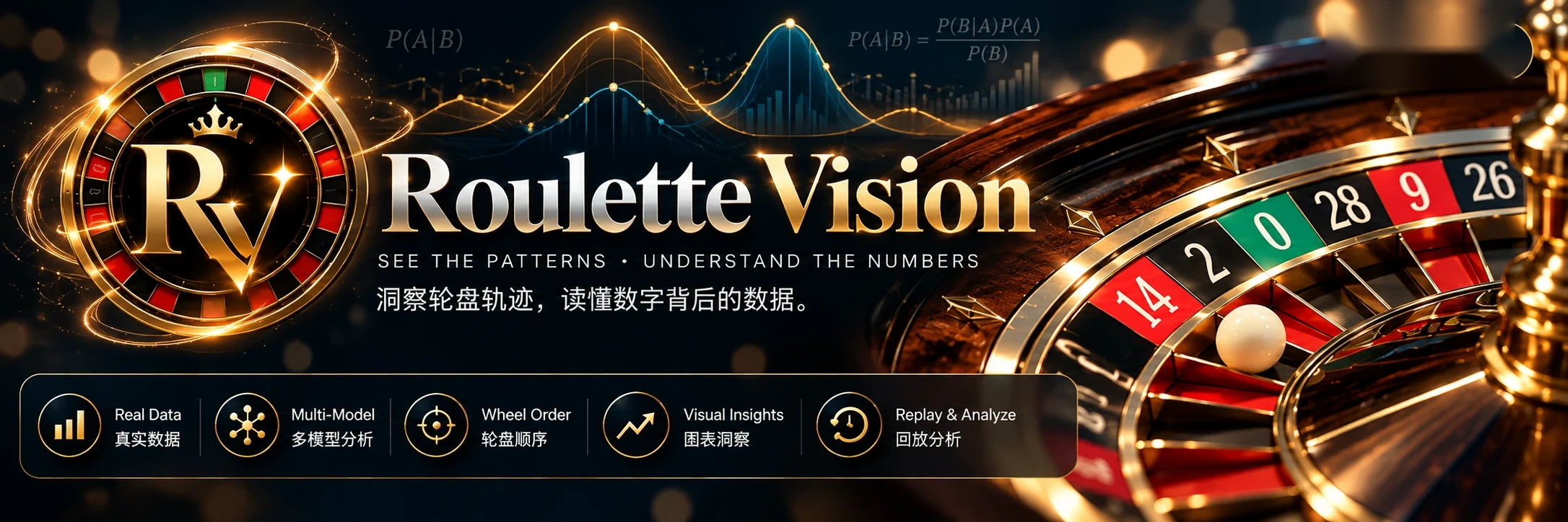 Roulette Vision premium banner: Bayesian probability curves, American roulette wheel with 14, 2, 0, 28, 9, 26, and RV emblem.